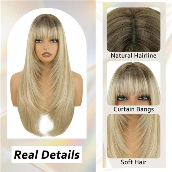 Ombre Blond Long Straight Layered Wig with Bangs for Women - Picture 3 of 5